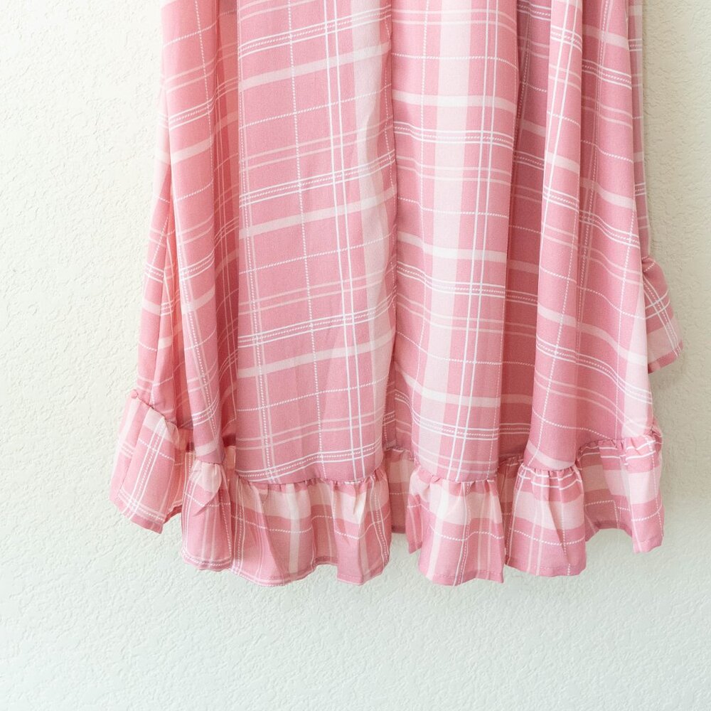 Mi Ami Pink Plaid Wrap Dress Womens M Ruffle Hem Midi Cottagecore Puff Sleeve - Picture 11 of 13